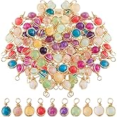 SUPERFINDINGS 60Pcs 10 Colors Natural Stone Pendants Round Pendants Quartz Crystal Stone Charms Gemstone Beads Charms Gold Copper Wire Wrapped Pendant for Earring Bracelet DIY Jewelry Making