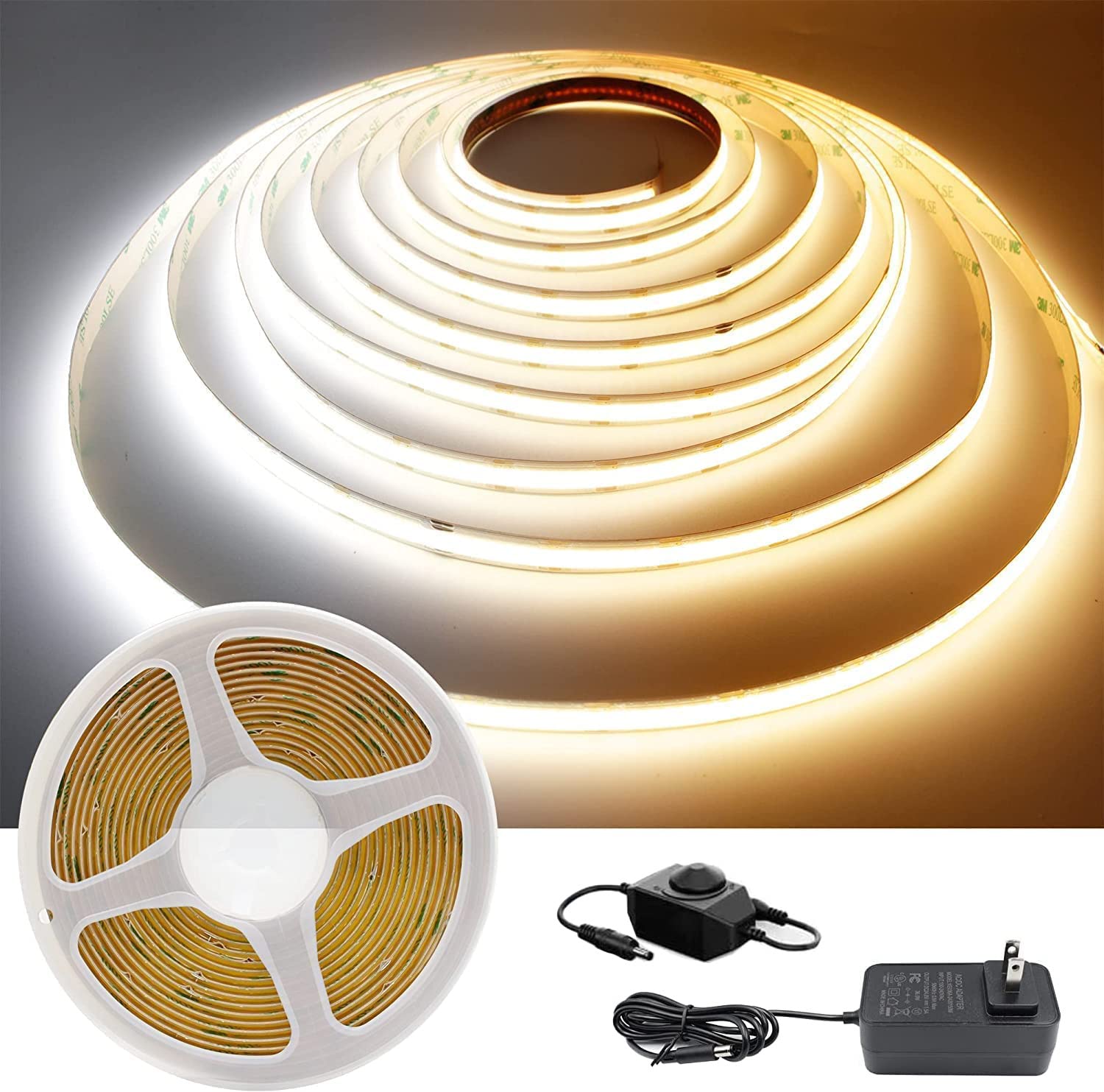Photo 1 of GUPUP 16.4ft COB Turnable Rope Light,Warm White LED Strip Light,3000K 24V Tape Lights,1600 LEDs Density Light Strip with Dimmable Switch,Waterproof,3M Adhesive,CRI?90,Lights for Cabinet, Kitchen.