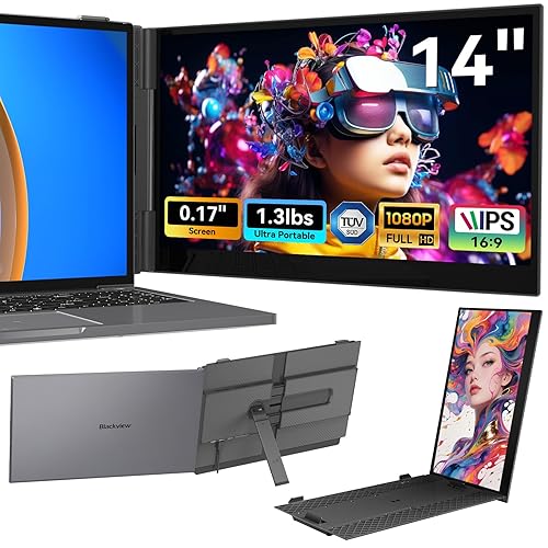 Blackview Laptop Screen Extender - 0.17"Ultra-Thin,14" FHD 1080P IPS 600g External Portable Monitor for 13"–17.3" Laptops,Eye Care Mode,Plug & Play,Compatible with Mac,Windows,Android,Linux,Chrome OS