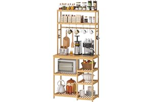 BMOSU Bakers Rack Bamboo for Kitchen with 12 S-Shaped Hooks Coffee Bar Table Kitchen Microwave Stand Open Storage Shelves Kitchen Utility Storage