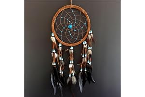 Dream Catcher Dreamcatcher - Brown Suede with Turquoise Stone - Handmade, Large Size - 28" Long x 9" Diameter - OMA Brand