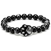 LINGYUAN Black Obsidian Cat Bracelet, Natural Stone Beaded Bracelet for Protection Luck and Energy Balance, Handmade Healing Crystal Jewelry Gift for Women and Men