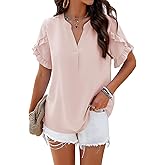 Samefar Womens Tops Dressy Casual V Neck Ruffle Shot Sleeve Shirts Loose Flowy Chiffon Work Business Blouses