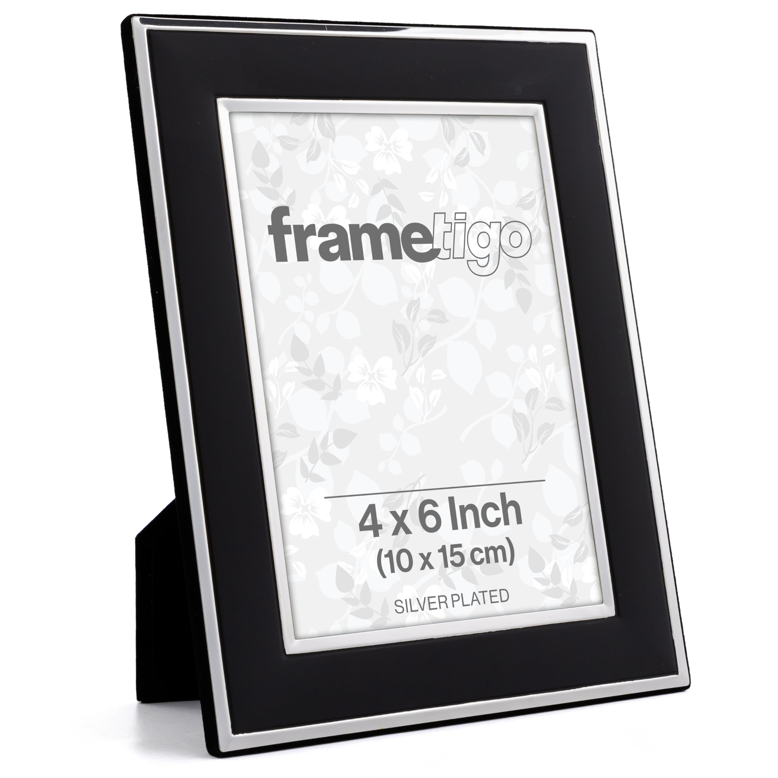Frametigo - Silver Plated Black Photo Frame, 4"x6" (10x15cm) Photo Size - Velvet Frame Backing & Stand - Real Glass Window - Tarnish Resistant - Landscape or Portrait Orientation