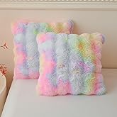 LIFEREVO 2 Pieces Fluffy Faux Rabbit Fur Throw Pillow Covers, Luxury Plush Shaggy 18x18 Bubble Cushion Covers with Zipper, Tie Dye Decorative Furry Fuzzy Pillow Shams for Bed Couch Sofa Chair, Rainbow