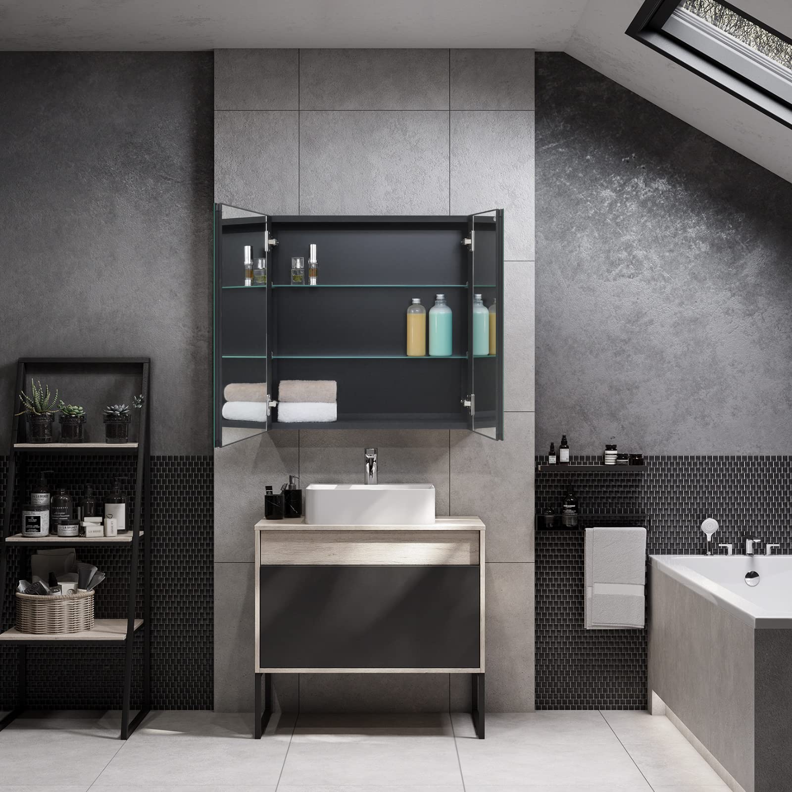 Fundin Black Aluminum Medicine Cabinet 24 x 24 Inch Recessed or Surface Mount, with Double Door and Adjustable Shelves.