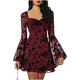 WDIRARA Women's Floral Jacquard Mesh Gothic Dress Bell Long Sleeve A Line Vintage Dresses