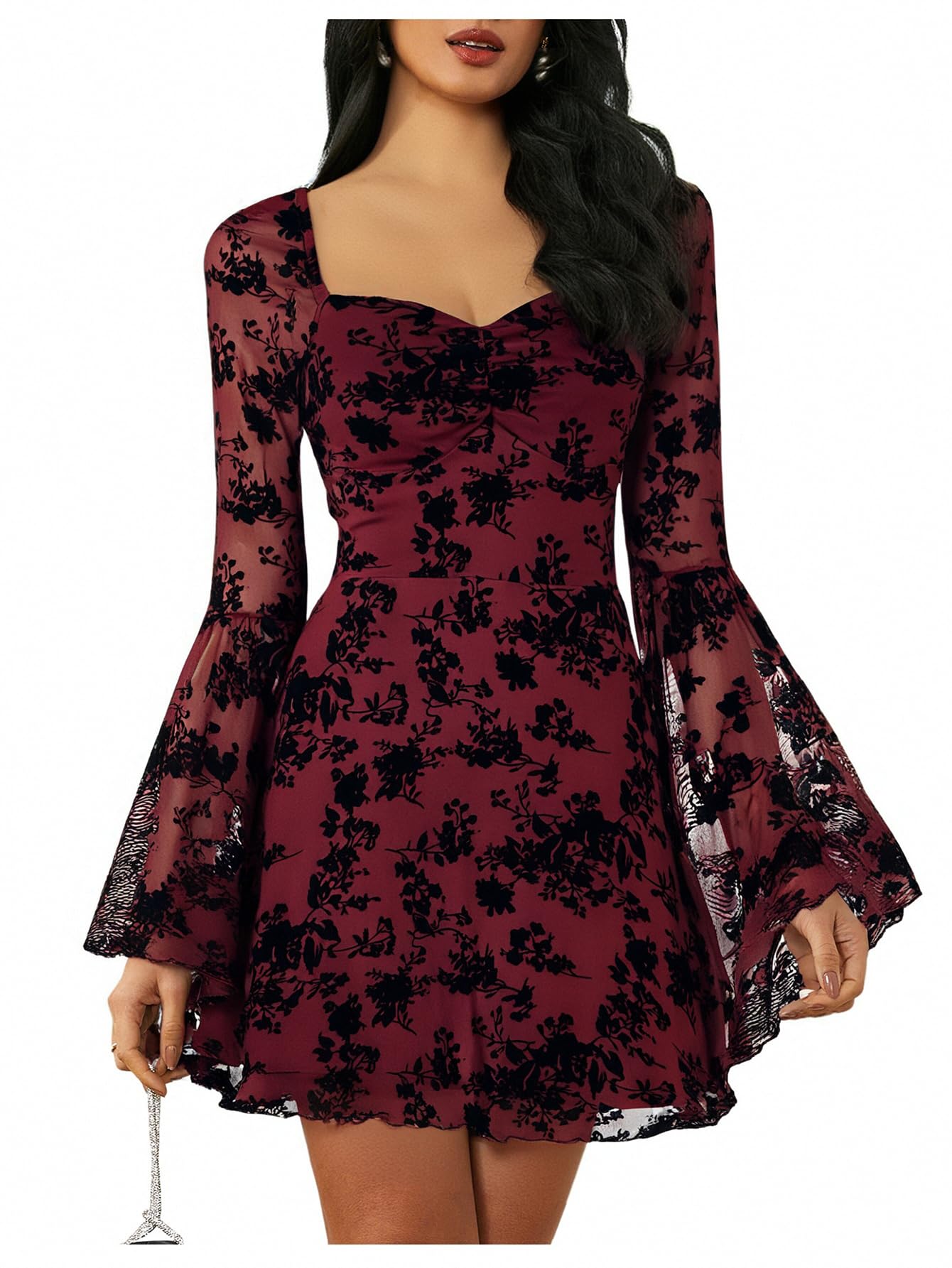 Photo 1 of WDIRARA Women's Floral Jacquard Mesh Gothic Dress Bell Long Sleeve A Line Vintage Dresses Burgundy Large