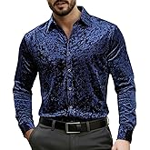 KISSQIQI Mens Dress Shirts Velvet Long Sleeve Shirts Casual Button Down Solid Slim Fit Muscle Shirt for Wedding Party