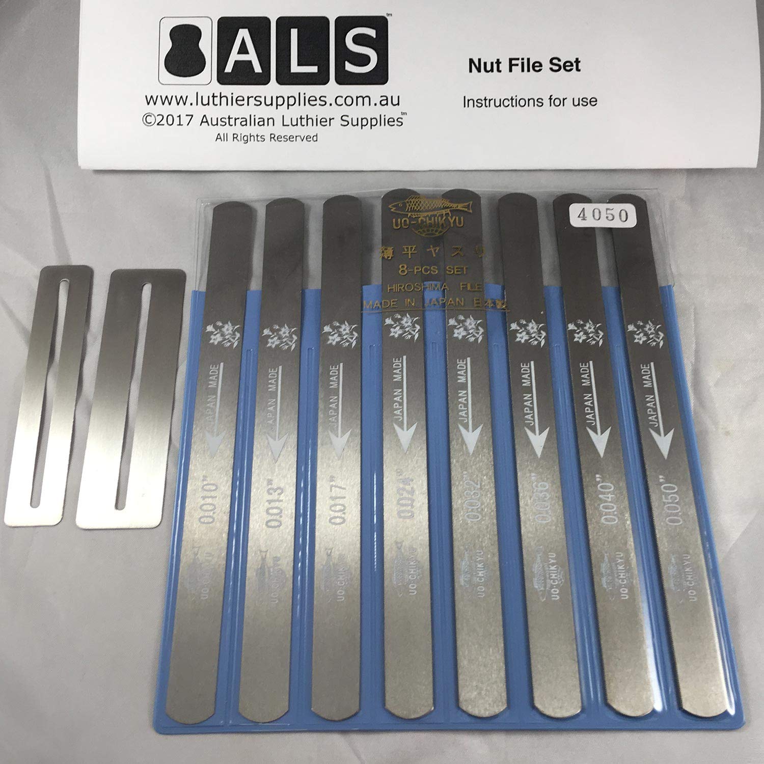 ALS Guitar Nut File Set 8-Piece 10-50 with Instructions (Bonus Fingerboard Guard Set) #4050 Nut Files Made in Japan by Uo-Chikyu Hiroshima - Instructions by Australian Luthier Supplies