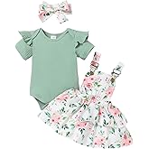 Tepuce Baby Girl Clothes Cute Summer Outfits Short Sleeve Romper Adjustable Floral Overall Dress Headband 3PCS