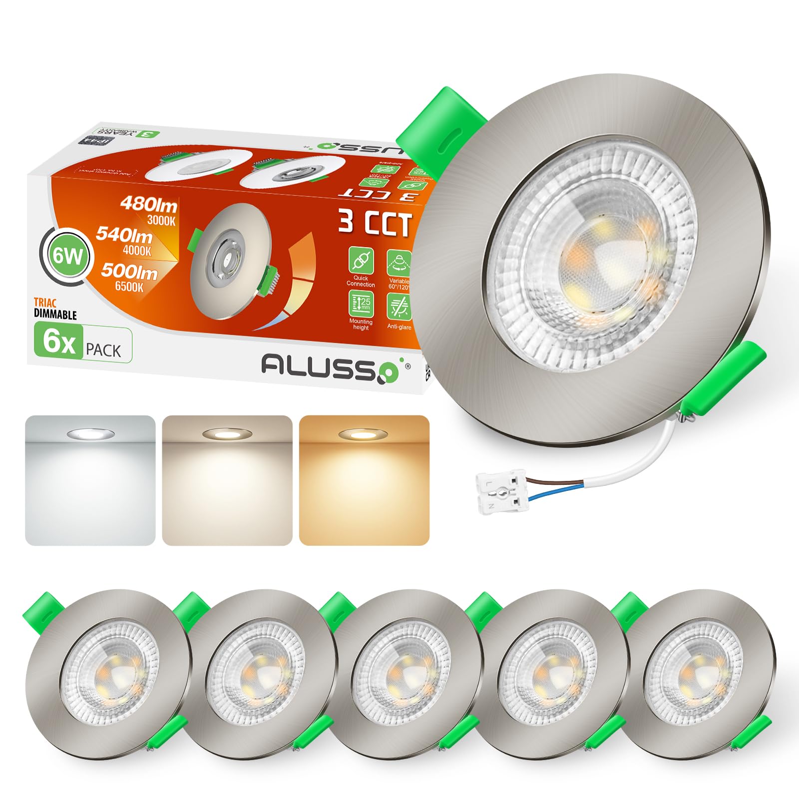 ALUSSO LIGHTING LED Recessed Ceiling Lights 6W 540lm, Ø68mm Nickel Downlight for Ceiling, Dimmable 3CCT Warm White 3000K Neutral White 4000K Cool White 6500K, IP44 Spotlights for Bathroom, 6Pack