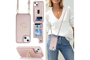Lipvina for iPhone 14 Case with Card Holder and Strap for Women,Crossbody Lanyard,Ring Stand,Snap Clasp,Phone Wallet Cases 6.1 inch(Rose Gold)