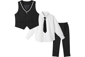LOLANTA 4Pcs Boys Formal Suit, Kids Tuxedo Vest for Wedding Birthday Party Dress Suits with Shirt and Tie for 3-13 Years