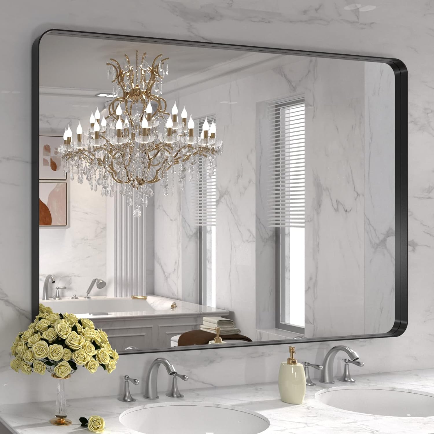 Mirrors - LOAAO 48X32 Inch Black Metal Framed Bathroom Mirror for Wall, Matte Black Bathroom Vanity Mirror Farmhouse, Large Rounded Rectangle Mirror, Anti-Rust, Tempered Glass, Hangs Horizontally or Vertically
