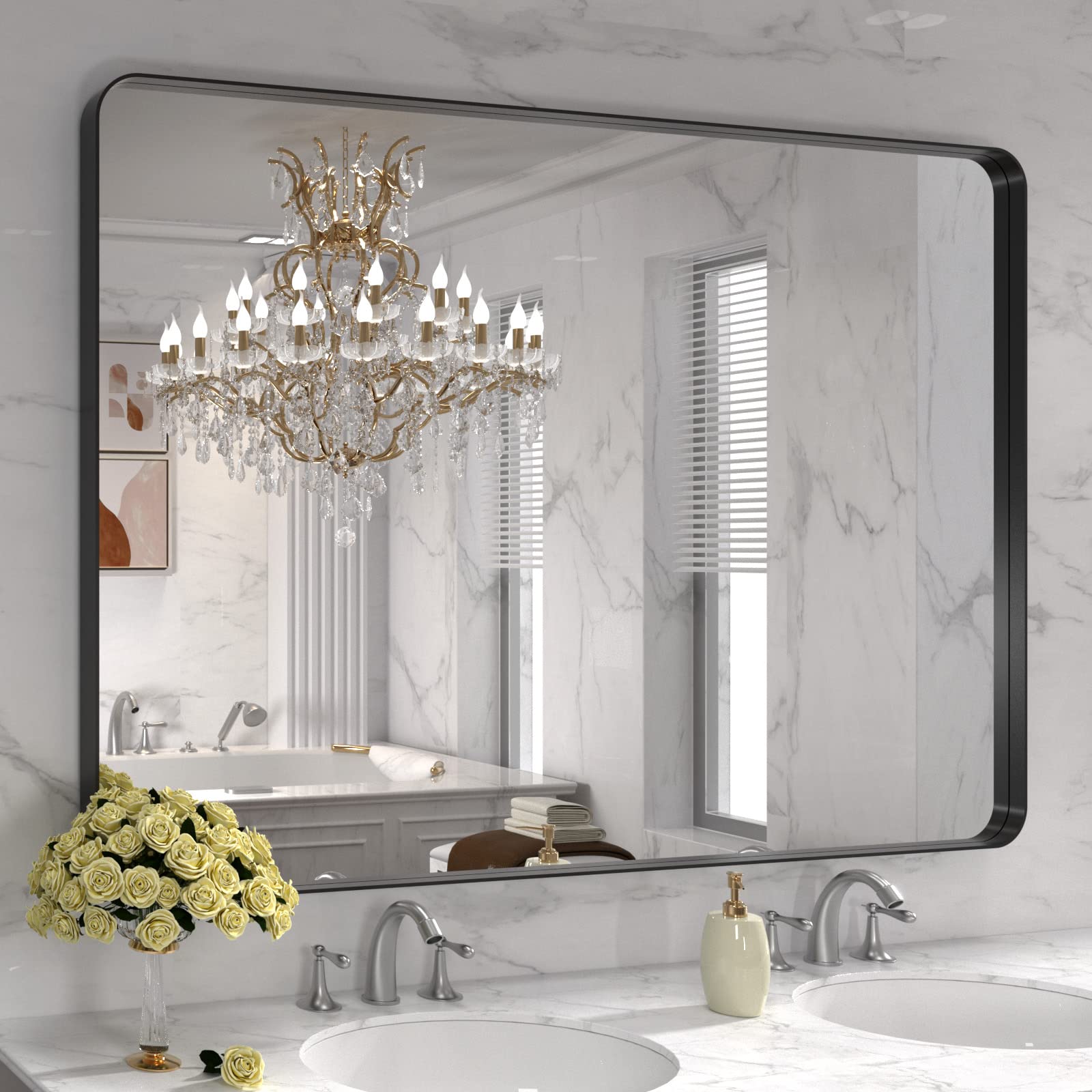 Photo 1 of LOAAO 48X32 Inch Black Metal Framed Bathroom Mirror for Wall, Matte Black Bathroom Vanity Mirror Farmhouse, Large Rounded Rectangle Mirror, Anti-Rust, Tempered Glass, Hangs Horizontally or Vertically