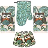 Lobyn Value Packs Kitchen Towel 5 Piece Linen Set 2 Towels 2 Pot Holders 1 Oven Mitt (Owl)