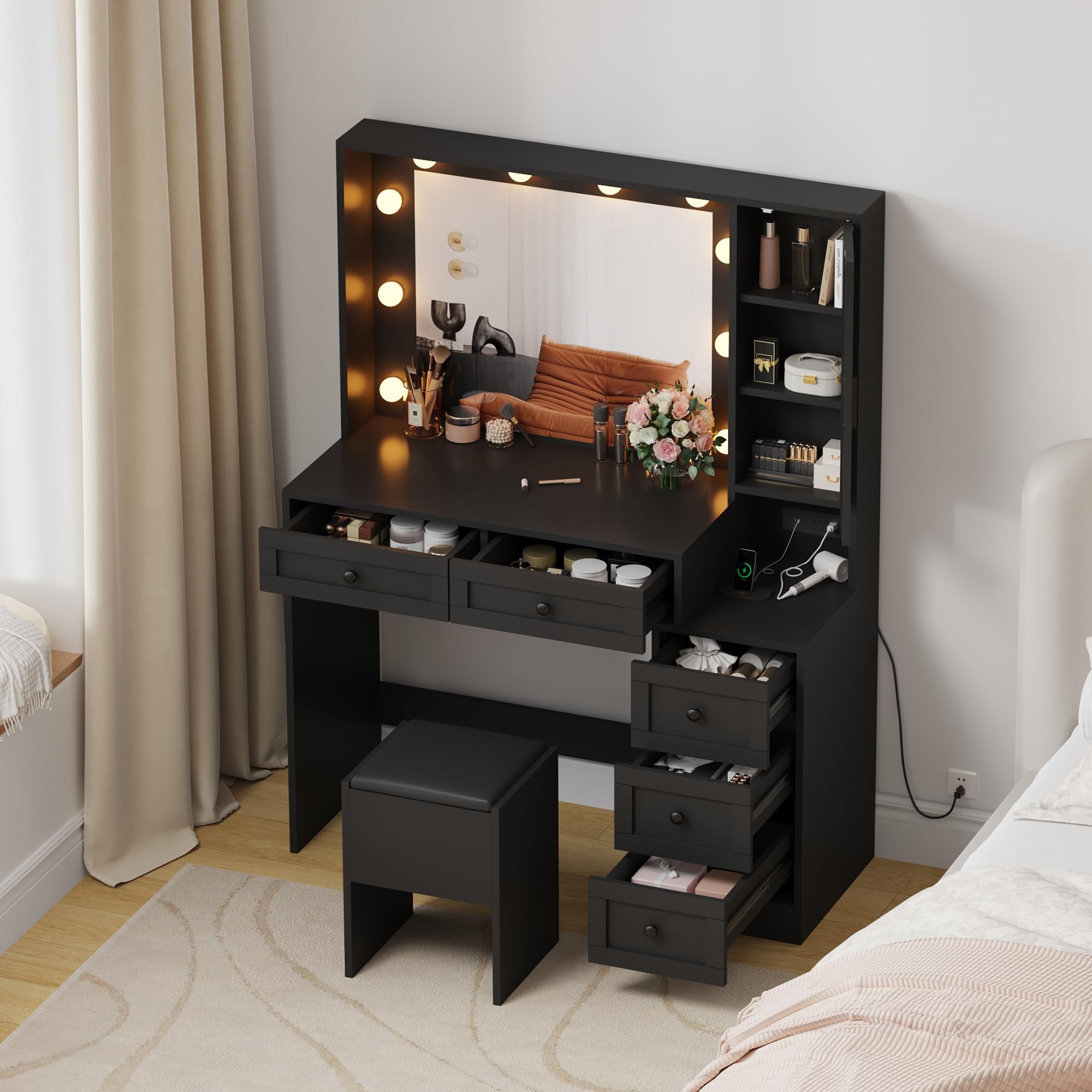 Photo 1 of GarveeHome Makeup Vanity Desk and Stool, Vanity Desk with Lights & Charging Station, Drawers and Hidden Storage Shelves