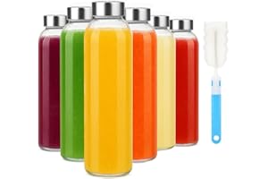 Sursip 18oz Glass Water Bottle Set of 6, Clear glass juice bottle for juicing，Reusable Drinking Bottles with Stainless Steel Lid，Beverage Storage Containers for Refrigerator-BPA Free，Leak Proof