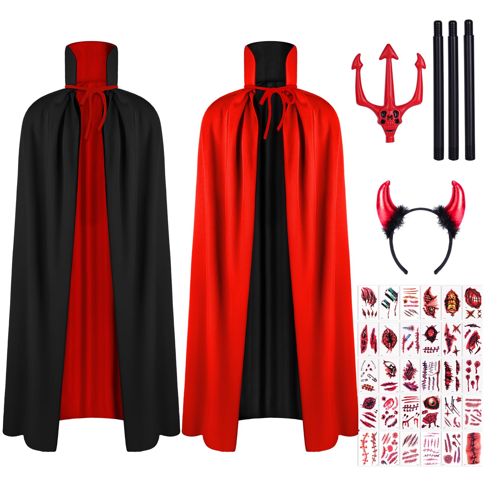 AOOWU Adult Hooded Cape Set,Reversible Hooded Cape Cloak for Adults, Unisex Black Red Vampire Witch Costume with Devil Fork&Horn Headband&Scar Tattoos,Halloween World Book Day Cosplay Attire