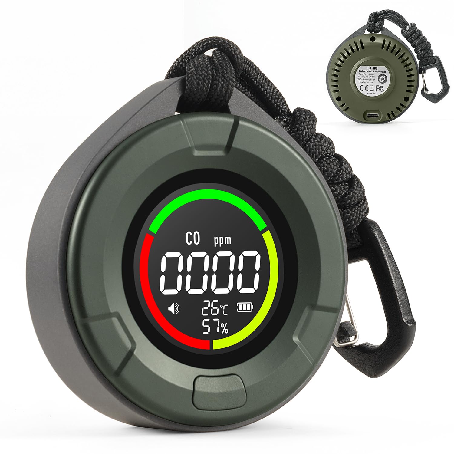 DS-100 Portable Carbon Monoxide Detector for Travel, 140H Standby, CO Detector with Magnetic Back, Rechargeable 3-in-1 CO Monitor with Audible & Visual Alarm for Camping, Hotel, Car & RV - Dark Forest