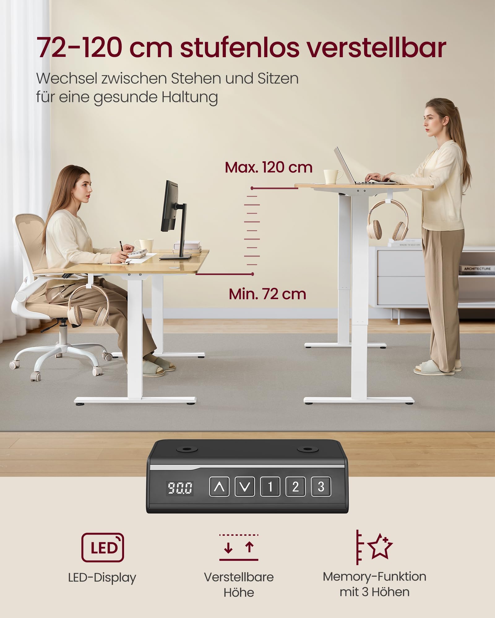 VASAGLE Höhenverstellbarer Schreibtisch elektrisch, Tischgestell, Schreibtischständer, ohne Tischplatte, mit 2 Haken, Memory-Funktion mit 3 Höhen, Stahl, mattweiß LSD021W01V2 4