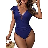 AI'MAGE One Piece Swimsuits for Women Sexy Mesh Deep V Neck Bathing Suit Ruffle Cap Sleeve Tummy Control Swimwear S-XXL