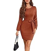 Dressystar Women's Long Sleeve Crewneck Ribbed Knit Sweater Dress Casual Elegant Midi with Tie Waist Belt for Fall/Winter