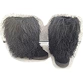 通用 MSBT Women Mongolian Fur Boots with Real Tibetan Fluffy Furry Sheep Curly Skin Snow Boot for Luxury Ladies Winter Warm Outdoor Wear Girls Soft Linning Black White Color Tall High Boots
