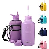 FAHRMOSIS 64 Oz Insulated Water Bottle with Strap Stainless Steel Sports Water Bottle with 3 Lids (Straw, Chug and Flip Lid) Leak Proof Metal Half Gallon Jug for Men & Women - Lavender