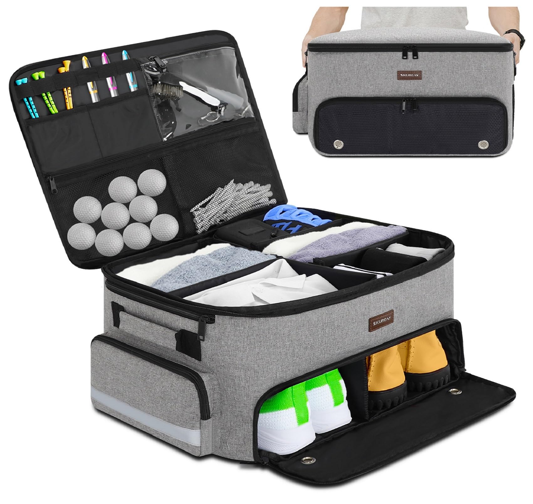 CYUREAY Golf Trunk Organizer for Car, 2 Layer Golf Trunk Organizer with Separate Ventilated Shoe Compartment, Black Golf Car Organizer for Golf Accessories, Golf Gifts for Men Women (Grey)