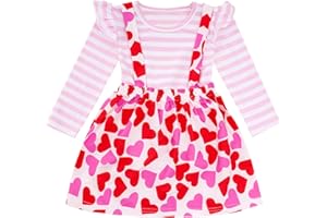 hoyuwak Outfit for Toddler Pink Ruffled Long Sleeve Striped Shirt Top and Heart Printed Skirt Set for Valentine's Day