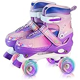 HALOSK Girls Roller Skates for Kids Beginners Ages 5-12, Pink Purple Rainbow Adjustable Quad Rollerskates for Youth with All Light up Wheels Skating Shoes for Outdoor Sports