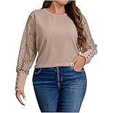 SHENHE Women's Floral Print Blouse Lace Sleeves Button Cuffs Waffle Knit Casual Top