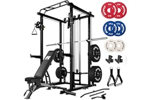 RitFit Multi-Function Squat Rack Power Cage PPC03 with Cable Crossover System, 1000LBS Capacity Power Rack and Packages with Optional Weight Bench, Barbell Weight Set, for Garage Workout & Home Gym