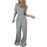 Milumia Women's 2 Piece Pajama Sets Striped Short Sleeve Square Neck Tees Pants Pj Sets