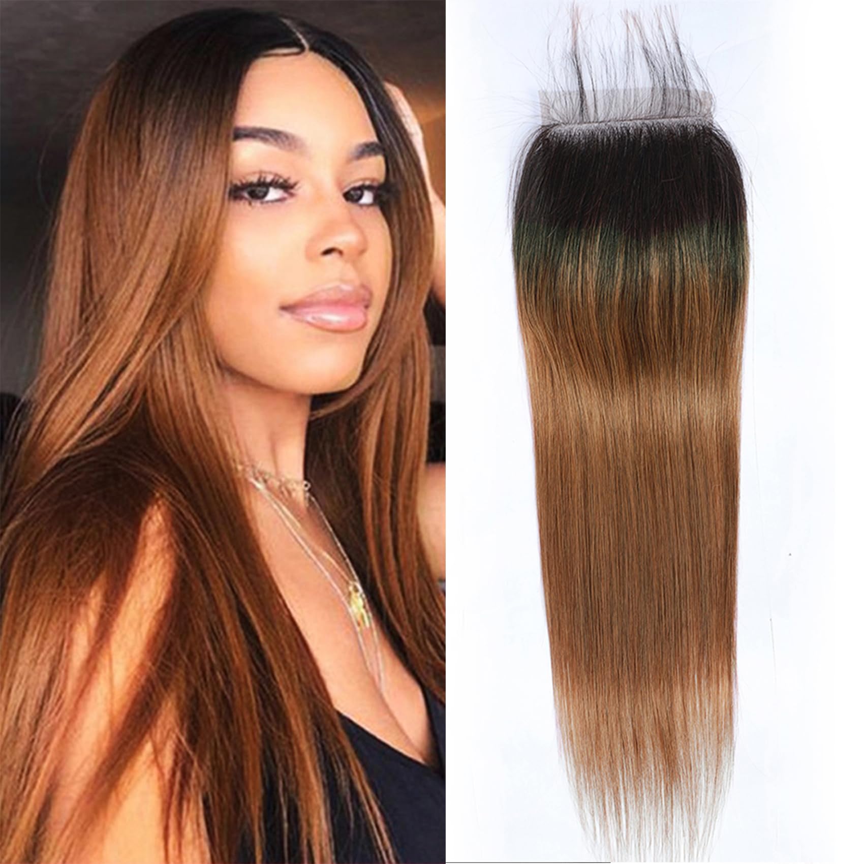 1B/30 Brown Ombre Human Hair Lace Closure With Baby Hair 4X4 inch Pre Plucked Straight Weave Swiss Lace Closure With Natural Hairline 14 Inch Soft Remy Brazilian Human Hair Pieces