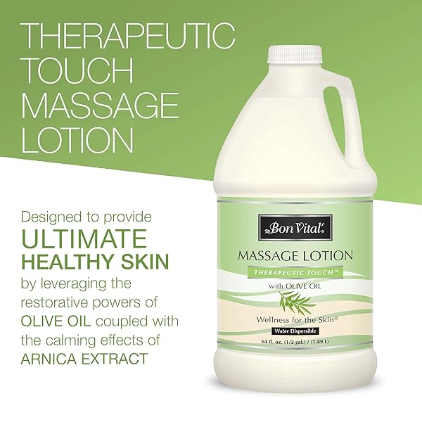 BON VITAL’ THERAPEUTIC TOUCH MASSAGE LOTION WITH OLIVE OIL TO REPAIR DRY SKIN & SOOTHE SORE MUSCLES, SKIN THERAPY LOTION, MOISTURIZES SKIN DURING MASSAGES FOR SMOOTH, SOFT SKIN, 1 GAL, LABEL MAY VARY