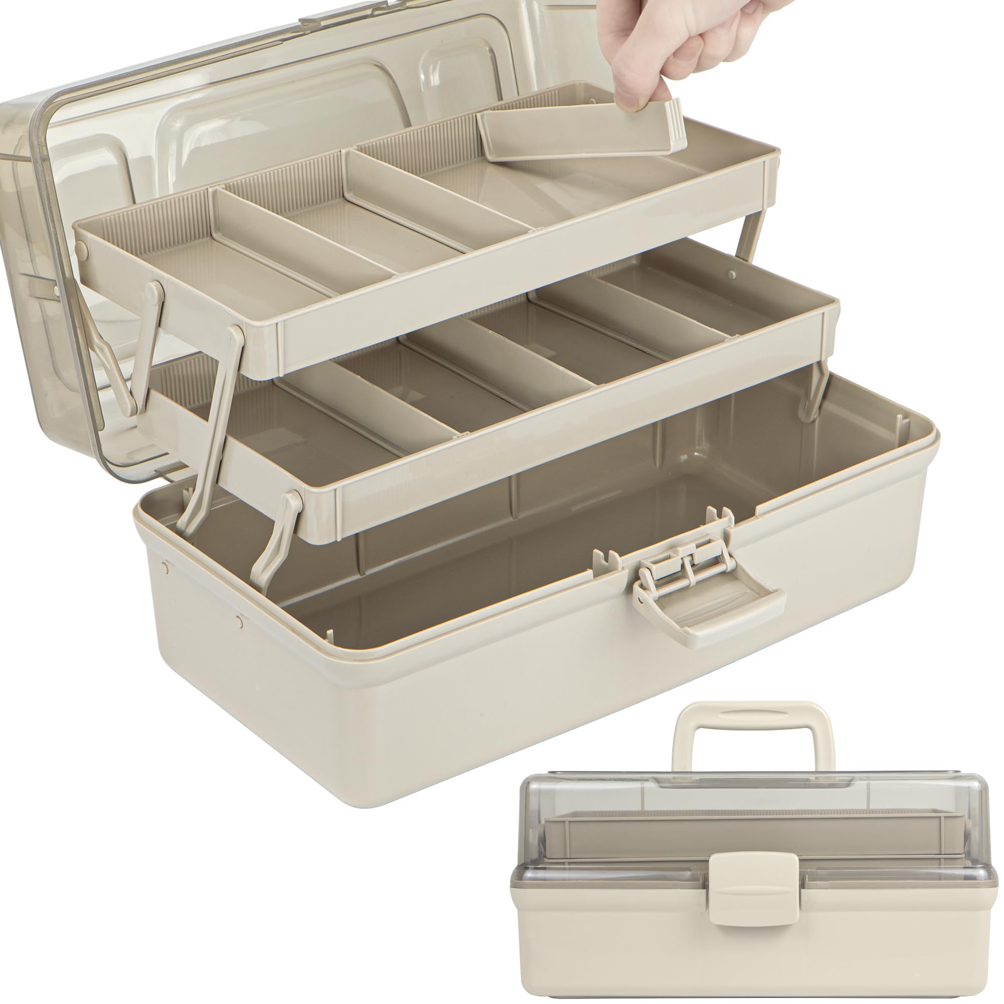 Photo 1 of TERGOO 12.5in 3-Layer Multipurpose Craft Organizers and Storage with Adjustable Dividers, Portable Tackle Box, Folding Art & Craft Case for Medicine, Tool, Sewing Organizer (Brown)