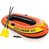 INTEX Explorer Compact Inflatable Boat Series: Dual Air Chambers &ndash; Welded Oar Locks &ndash; Grab Handles &ndash; Bow Rope &ndash; Sporty Design