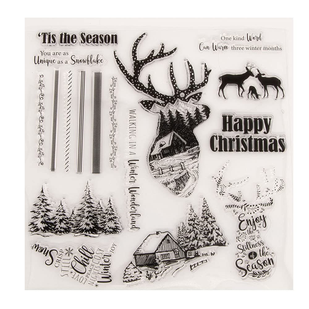 arriettycraft Tis the Season Christmas Winter Wonderland Elk Deer Trees Clear Stamps for Card Making Decoration and DIY Scrapbooking
