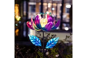 SUCUY Solar Lights Wind Spinners Outdoor Garden Decor, Metal Lotus Flower Spinning Windmill with LED Crackle Glass Globe Outdoor Patio Lights for Yard Lawn Porch Pathway Walkway