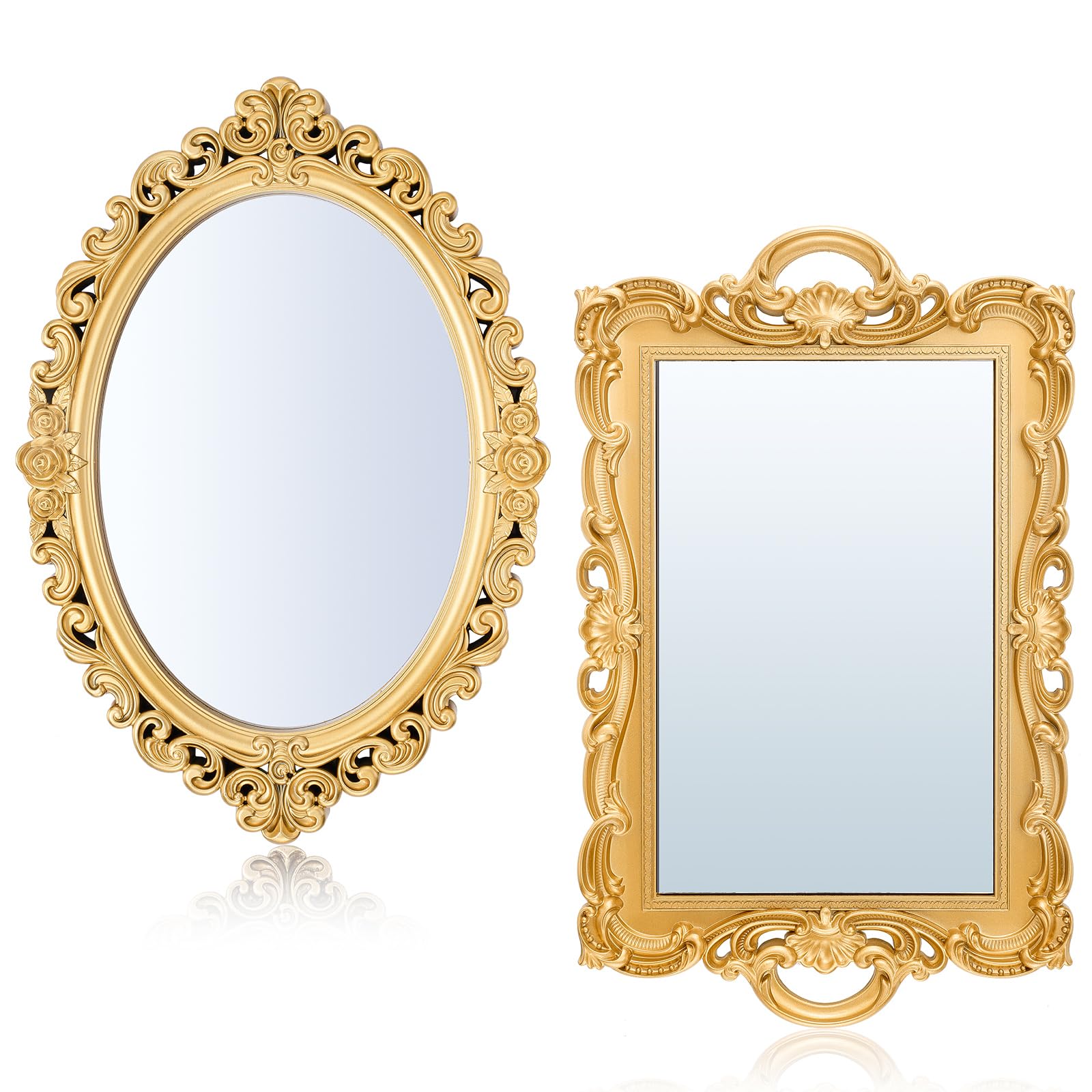 Photo 1 of 2 Pcs Vintage Decorative Gold Mirror Set Including 12. 6" x 9. 1" Oval Wall Mirror 15. 4" x 9. 7" Square Antique Tabletop Makeup Mirror for Bedrooms Living Room Dresser Decorations