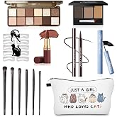 QIONG Makeup Kit for Women &amp; Teens, All-in-One Beauty Set, 10-Cat Lover | Complete makeup set with 10-shade neutral eyeshadow, brow essentials, lipstick, eyeliner guides and cat cosmetic bag.