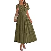 BTFBM Womens Summer 2026 Casual Midi Maxi Dresses Lightweight Short Sleeve V Neck Elastic Waist Boho Beach Dress Pockets