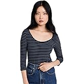 Vince Womens Striped Rib 3/4 SLV Scoop Nk