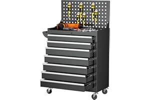 INTERGREAT 7 Drawers Rolling Tool Chest with Pegboard, Metal Tool Chest with Drawers, Tool Storage Cabinet with Wheels for Garage, Workshop, Repair Shop, Black