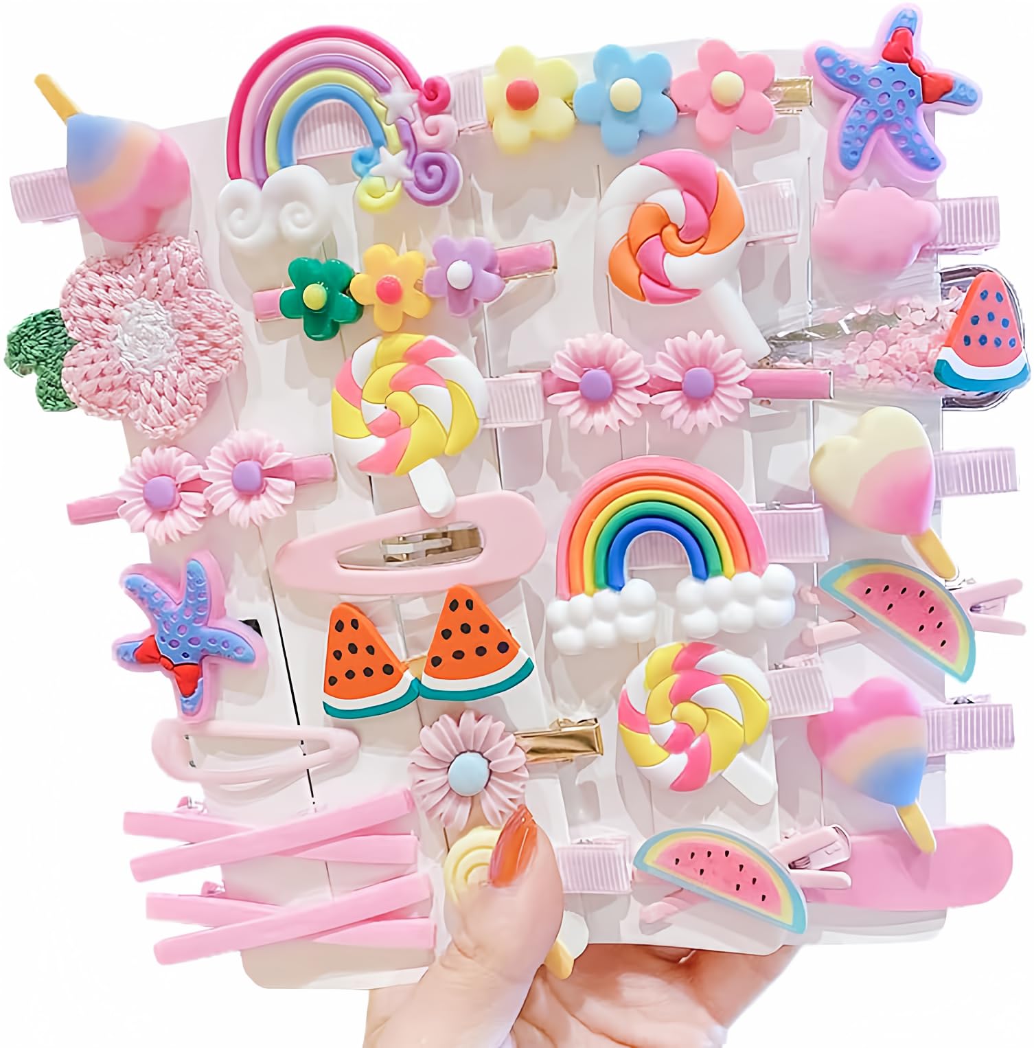 Photo 1 of 28 PCS Cute Hair Clips Fashion Girls Hair Accessories Flower Fruit Colorful Rainbow Candy Dessert Lovely Animal Barrettes Set Non-slip Metal Snap Pins for Girls Kids Teens Toddlers (Style B)