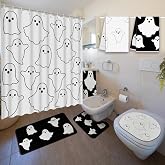 Nuanchu 6 Pcs Halloween Shower Curtain Set with Rug Ghost Bathroom Sets | Halloween Bathroom Decor with Shower Curtain Bath Mat U Shaped Mat Toilet Lid Cover 2 Bath Towels and 12 Hooks