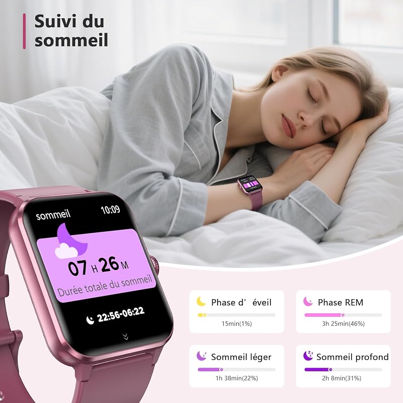 Montre Connectée Homme Femme, Appel Bluetooth, Rouge vin — photo 5 sur 8